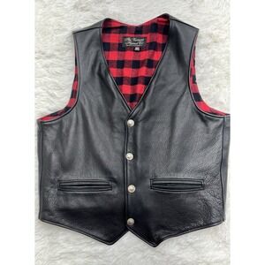 American Vintage Buffalo Plaid‎ Flannel Lined Black Leather Motorcycle Vest READ